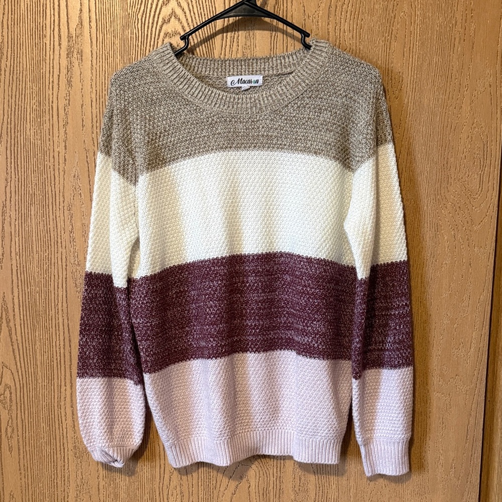 MACARON Women's Colorblock Knit Sweater - Cream, Brown, Pink